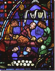 Trabalhando a la, mestre e auxiliares. Catedral de Chartres, vitral dos Apostolos